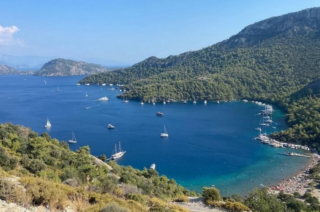 Aerial view of pine-forested Sarsala Bay near Göcek